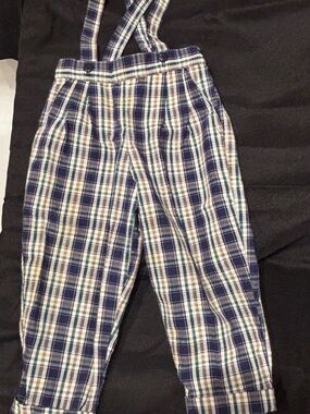 Source Unknown Plaid Suspender Pants - Blue, White, Tan